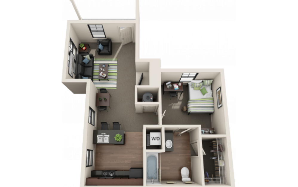 1BR/1BA - Large - 1 bedroom floorplan layout with 1 bathroom and 646 square feet