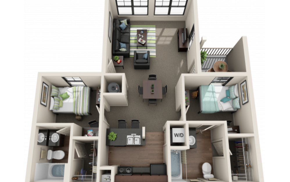 2BR/2BA - Large - 2 bedroom floorplan layout with 2 bathrooms and 877 square feet