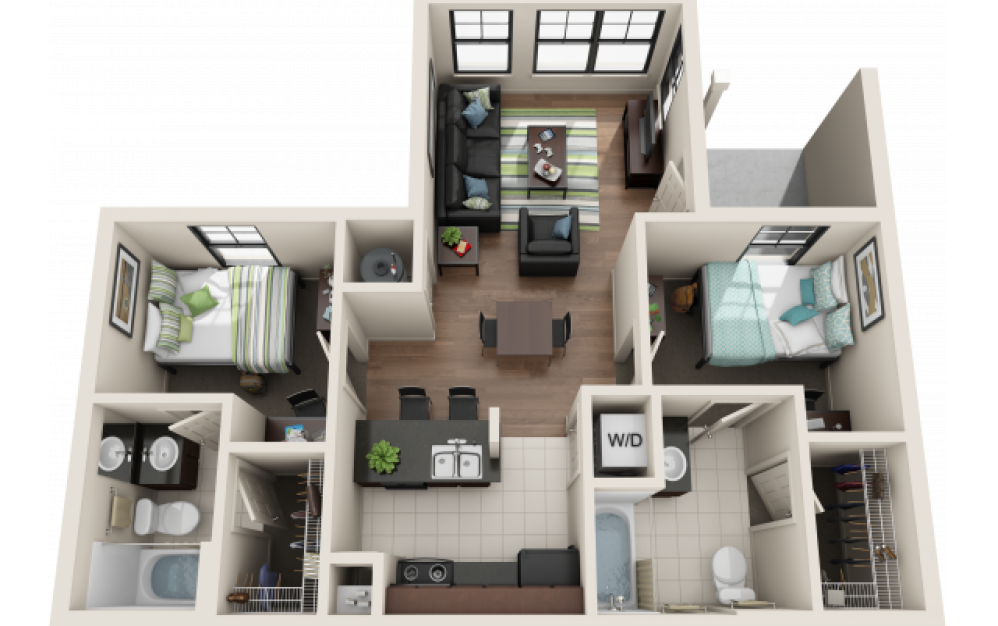 2BR/2BA - Standard - 2 bedroom floorplan layout with 2 bathrooms and 766 square feet