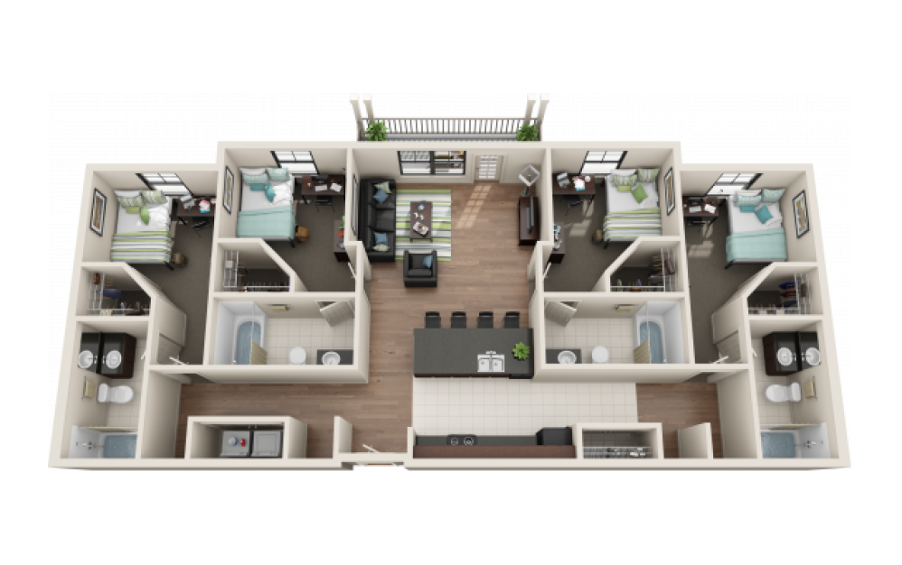 4 BR/4BA - Flat - 4 bedroom floorplan layout with 4 bathrooms and 1282 square feet