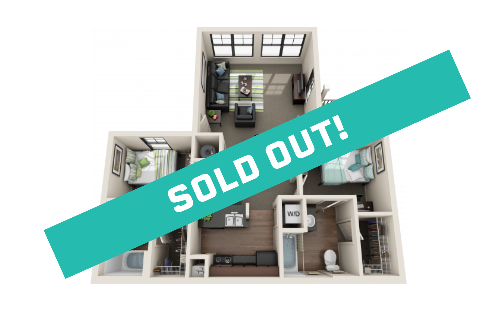 2BR/2BA - Large - 2 bedroom floorplan layout with 2 bathrooms and 877 square feet