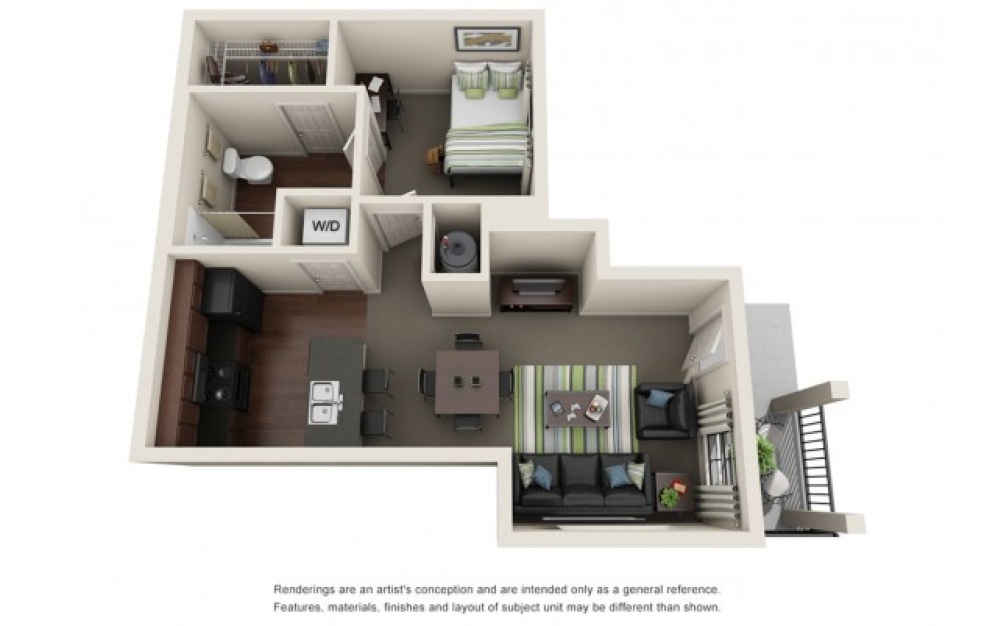 1BR/1BA - Flat - 1 bedroom floorplan layout with 1 bathroom and 604 square feet
