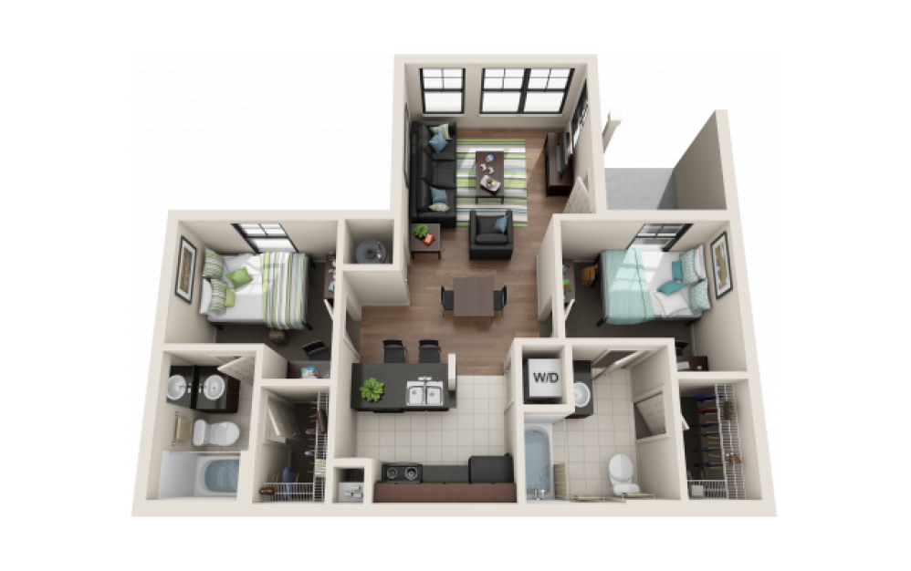 2BR/2BA - Flat - 2 bedroom floorplan layout with 2 bathrooms and 766 square feet