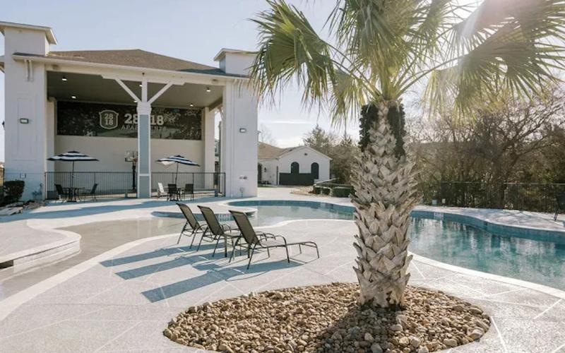 a pool with lounge chairs and palm trees